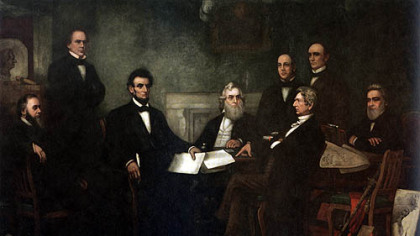 This painting by Francis Bicknell Carpenter shows President Abraham Lincoln with his Cabinet during the first reading of the Emancipation Proclamation in 1862. From left, Edwin Stanton, Salmon Chase, Lincoln, Gideon Welles, Caleb Smith, William Seward, Montgomery Blair and Edward Bates. The painting is in the Senate wing of the U.S. Capitol.