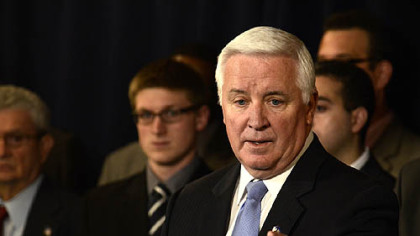 Gov. Tom Corbett speaks at a news conference today in University Park.