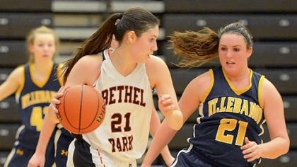 Bethel Park's Megan Marecic, who leads the team in scoring, drives to the basket against Mt Lebanon's Alex Ventrone during a game last week.