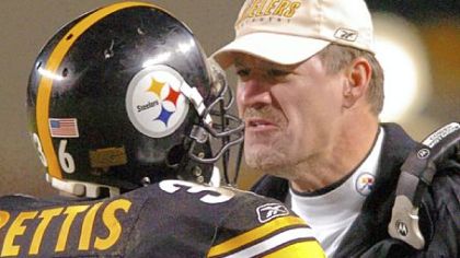 Steelers coach Bill Cowher greets Jerome Bettis after he scored a touchdown against the Jets 