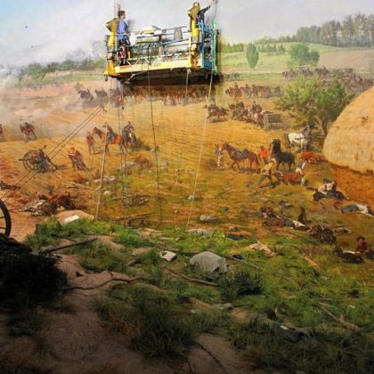 The Cyclorama painting, depicting Pickett's charge at the Battle of Gettysburg in July 1863, is being cleaned because of the grime accumulating on the surface of the canvas lining.
