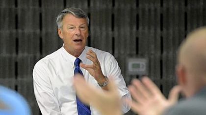 Former FBI agent Timothy J. Maloney talks to participants during a school-crisis seminar at the Hempfield Township Municipal Building on Saturday.
