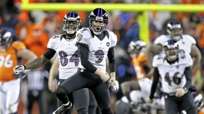 Baltimore Ravens kicker Justin Tucker reacts after hitting the winning field goal against the Denver Broncos in overtime Saturday.