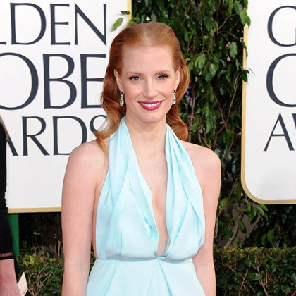 Golden Globe winner Jessica Chastain wore a seafoam blue Calvin Klein dress.