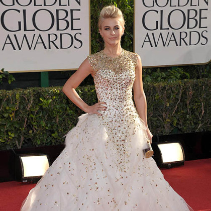 Julianne Hough's Monique Lhuillier gown featured a blush color, a full tulle bottom and gold studded detailing on the bodice