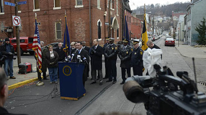 Mayor Luke Ravenstahl addresses a crowd during a press conference about public safety on 16th and Carson Streets.


