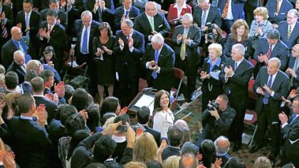 Pennsylvania Attorney General Kathleen Kane takes in the applause after she took her oath of office Tuesday at the state Capitol in Harrisburg. Ms. Kane is first woman and first Democrat to be elected Pennsylvania attorney general. She was among three Democrats sworn in Tuesday after sweeping state row offices in the November election.
