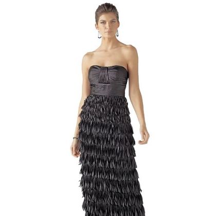 Strapless chiffon plumed gown, $300.

