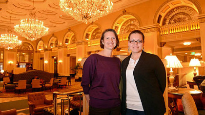 ACLU staff attorney Sara Rose, left, and plaintiff Angelica Davila on Monday inside the Omni William Penn Hotel in Downtown Pittsburgh.