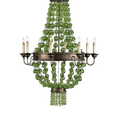Currey & Co.'s Goddess Chandelier with 8 Lights 
 Wrought Iron/Wood/Glass. in a  Cupertino/Green finish. Suggested retail: $2,990.
