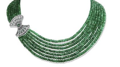 Lao Tong Multi-Strand Emerald Necklace with Black Enamel and Diamond Fan in 18kt White Gold, $35,000, by Ivanka Trump.  Available at Louis Anthony. 