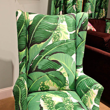 C.R.Laine's Copley Arm chair upholstered  in Dorothy Draper's Brazilliance Palm fabric. 
