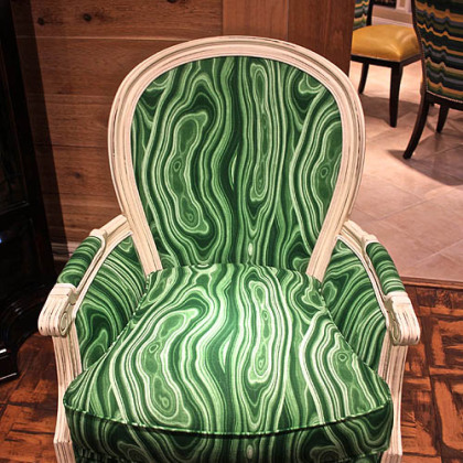 Antique white finish frame and Malakos Emerald fabric on Wesley Hall chair.
 