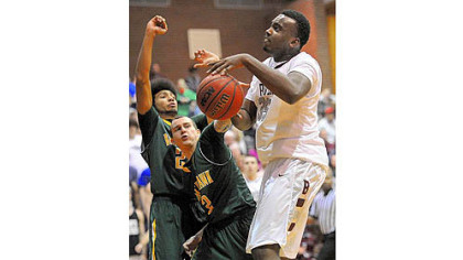 Blackhawk's Tyler Nicholson, left, and Logan Frye cut off Beaver's Aaron Barlow, right, in a WPIAL Class AAA Section 2 game Tuesday night. Blackhawk won, 44-42.
