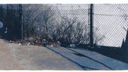 Betty Vera's 47-by-102-inch "Fenced" is a Jacquard loom produced tapestry.
