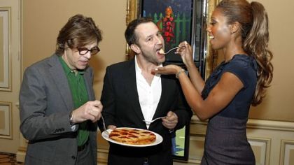 Former Pittsburgher and "Neighbors" creator/executive director Dan Fogelman, center, joins cast members Simon Templeman, left, and Toks Olagundoye in addressing the press during a "pie break" at the Television Critics Association winter press tour.

