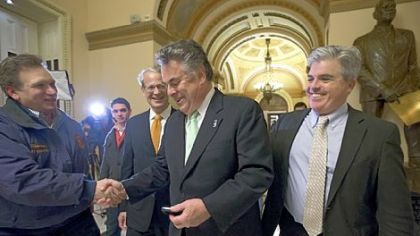 From left, Nassau County Executive Edward P. Mangano, Rep. Steve Israel, D-N.Y., Rep. Peter King, R-N.Y., and Suffolk County Executive Steve Bellone celebrate at the Capitol Building Tuesday after the House of Representatives passed a $50.7 billion emergency aid bill for states hit by Superstorm Sandy.
