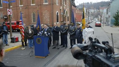 Mayor Luke Ravenstahl addresses a crowd at 16th and East Carson streets Tuesday during a news conference about public safety on the South Side.