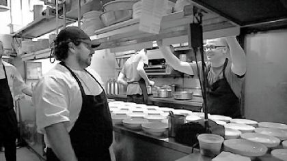 David Santos, left, hosted Justin Severino, chef of Cure in Lawrenceville, at Louro, Mr. Santos' restaurant in Manhattan. A collaborative dinner featured Mr. Severino giving a butchering demonstration followed by a multi-course menu of items from Mr. Severino's restaurant.
