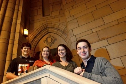 Pitt students who won the Stephen Colbert treasure hunt last summer are, from left, Ben Zaczek, Justine Buchman, Daniela Aizpitarte and Daniel Stough.