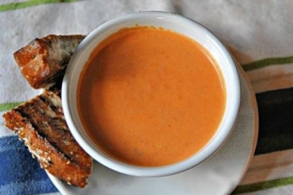 Tomato-Sriracha Soup paired with a Spicy, Crunchy, Sweet Goat Cheese Melt.