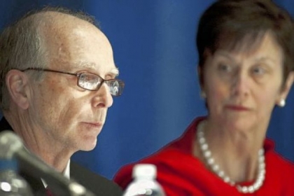 Penn State trustees elected Keith Masser board chairman Friday. Mr. Masser, left, is a Central Pennsylvania potato farm executive who became vice chairman in 2012.
