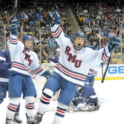 Robert Morris' Cody Wydo celebrates after scoring against Penn State in the Three Rivers Classic Dec. 28 at Consol Energy Center.