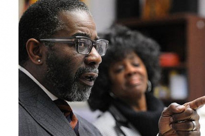 Milton E. Raiford, a lawyer and Constance Parker,  President of the NAACP,  at a meeting at the organization's headquarters.