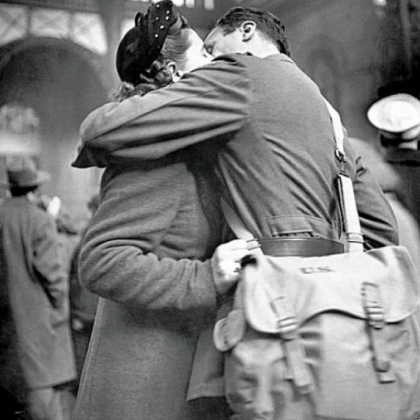 Alfred Eisenstaedt's 1944 photo shows a soldier kissing his girlfriend goodbye at New York's Pennsylvania Station before returning to duty after a brief furlough.