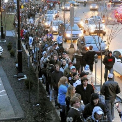 Penguins fan lined up at the Consol Energy Center waiting to get into the free scrimmage last Wednesday.