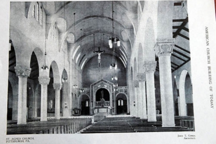 The interior of St. Agnes Roman Catholic Church, which was designed by John T. Com&egrave;s and opened in 1917.