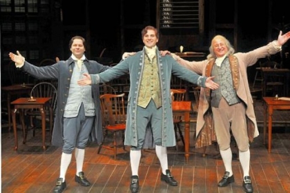 In Pittsburgh Public Theater's "1776," George Merrick, left, portrays John Adams, Keith Hines is Thomas Jefferson and Steve Vinovich plays Benjamin Franklin.
