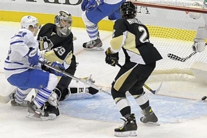 Penguins goaltender Marc-Andre Fleury watches a shot by Toronto's James van Riemsdyk get by for a goal in the second period Wednesday night at Consol Energy Center.