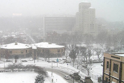 The region is digging out from under yesterday's winter storm, seen above in a reader photo shared by "Northsider" of the North Side's Allegheny Center overlooking Commons Park on Friday with Allegheny General Hospital in the background.