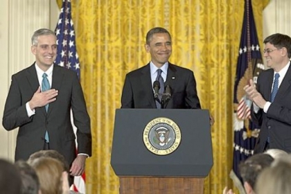 President Barack Obama, with current White House Chief of Staff Jack Lew, right, announces Friday that he will name current Deputy National Security Adviser Denis McDonough, left, as his next chief of staff.