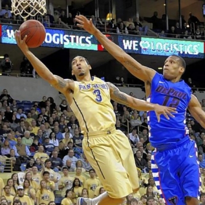 Pitt's Cameron Wright drives to the basket against DePaul's Cleveland Melvin in the first half Saturday at Petersen Events Center.
