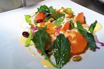 Citrus and Brassica Salad prepared for guests at The Ahwahnee Hotel in Yosemite National Park during the annual Chefs' Holiday there.