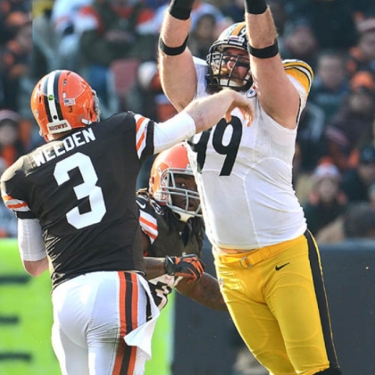 Brett Keisel pressures Browns quarterback Brian Hoyer in a game last season.