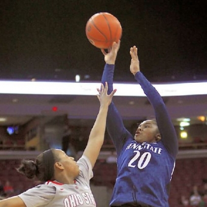 Penn State's Alex Bentley, right, shoots over the top of Ohio State's Ameryst Alston in the second half Sunday in Columbus, Ohio. Bentley finished with 16 points for the Nittany Lions, who defeated the Buckeyes, 71-56.