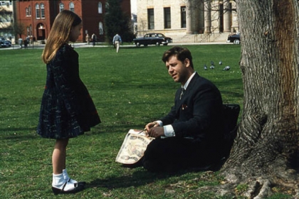 Nobel Prize winner John Nash, played by Russell Crowe, talks to a hallucination of a girl in the movie "A Beautiful Mind." The real Mr. Nash says he hears voices, but does not see imaginary people. The hallucinations were the creation of the filmmaker, said Frederick Frese, a psychologist with schizophrenia who knows the Nash family.