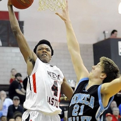 New Castle's Antonio Rudolph drives to the net against Seneca Valley's T.J. Holl on Tuesday night.