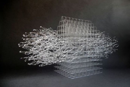 "Housed Barrier IV" a flameworked, borosilicate glass sculpture is among Ms. Choi's works on view at the Pittsburgh Glass Center.