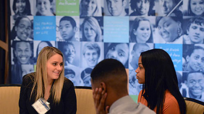 Melissa Walsh, left, 20, of Brookline conducts a mock interview with Phill Ross,  20, of Beltzhoover and Dana King, 20, of Pittsburgh, during today's Pittsburgh Promise Career Training Day.