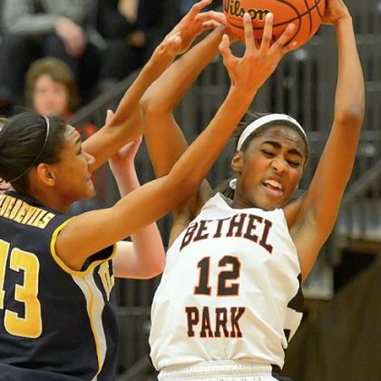 Bethel Park's Mariah Penascino, right, battles for rebound with Mt. Lebanon's Gabriella Caminos Thursday at Bethel Park. Bethel Park won, 60-54.