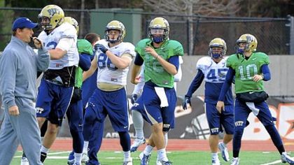Pitt players, including quarterback Tino Sunseri (12) warm up in practice Thursday at Hoover High School in Hoover, Ala., in preparation for Saturday's BBVA Compass Bowl in Birmingham.
