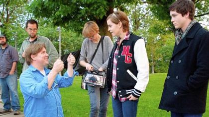 Stephen Chbosky, left, with Emma Watson and Logan Lerman on the set of "The Perks of Being a Wallflower," set and filmed in the Pittsburgh area.