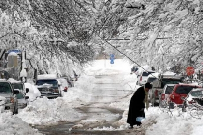 Gerrie Brown shovels out her parking space under drooping, snow-covered trees on West North Avenue in Pittsburgh?s Manchester neighborhood after a stormed dropped nearly 2 feet of snow between Feb. 5 and Feb. 7, 2010.