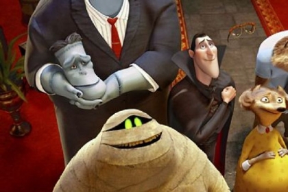 Clockwise from left: Frank (voice of Kevin James), Dracula (Adam Sandler), Griffin The Invisible Man (David Spade), Wayne (Steve Buccemi), Wanda (Molly Shannon) and Murray the Mummy (Cee-Lo Green) in "Hotel Transylvania."