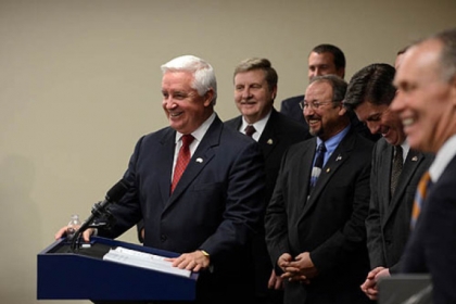Gov. Tom Corbett speaks at a press conference Wednesday at Piatt Place in Pittsburgh where he announced his plans to privatize the sale of alcohol in Pennsylvania.