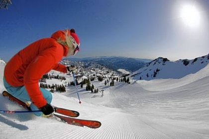 Heading down a slope at Squaw Valley, Calif., near Lake Tahoe.